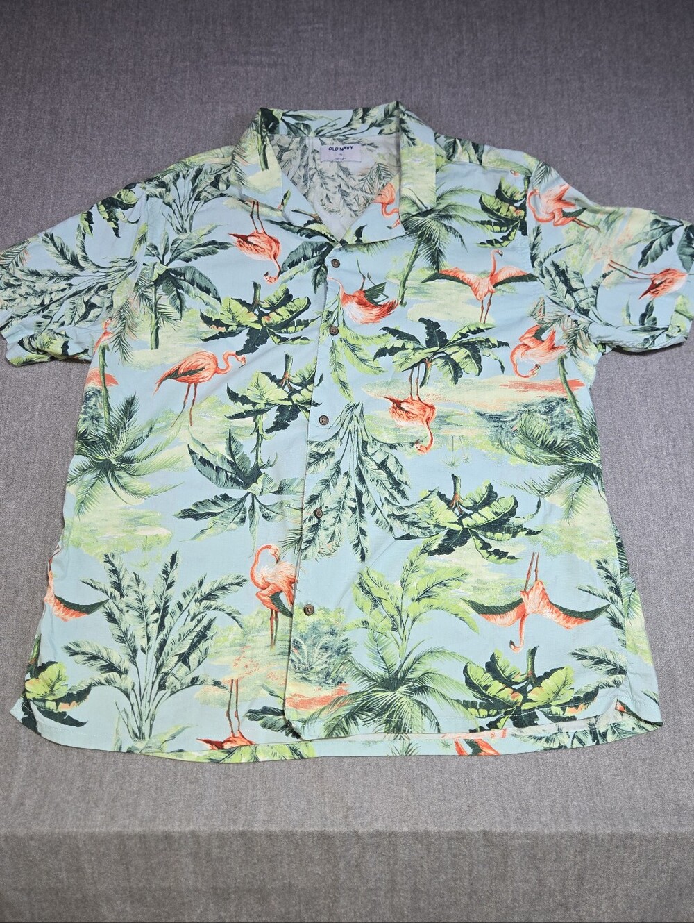 Old Navy XL Flamingo Palm Tree Short Sleeve Camp Collar Hawaiian Mens Shirt